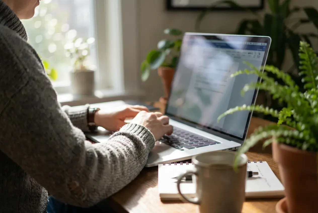 Hands working at a laptop in a candid workspace