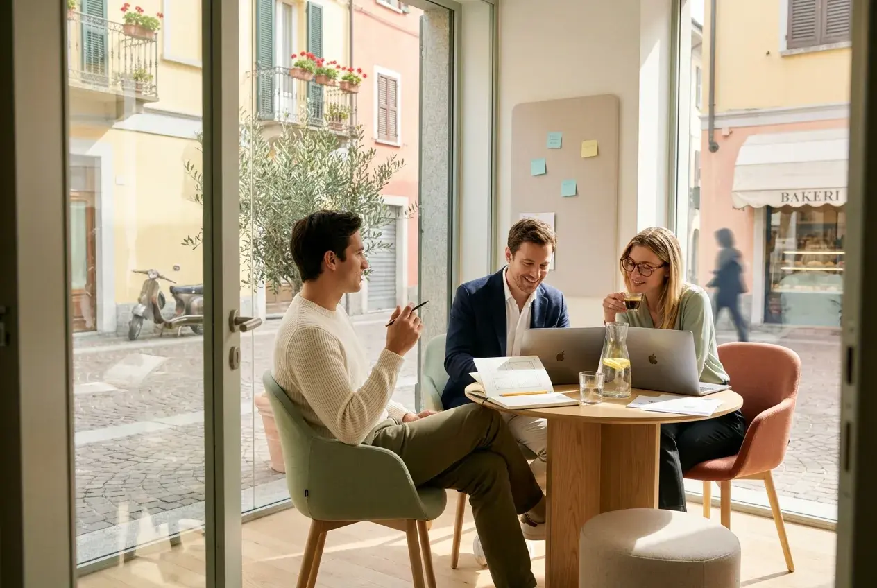 Nivara colleagues meeting around a table in a sunlit space