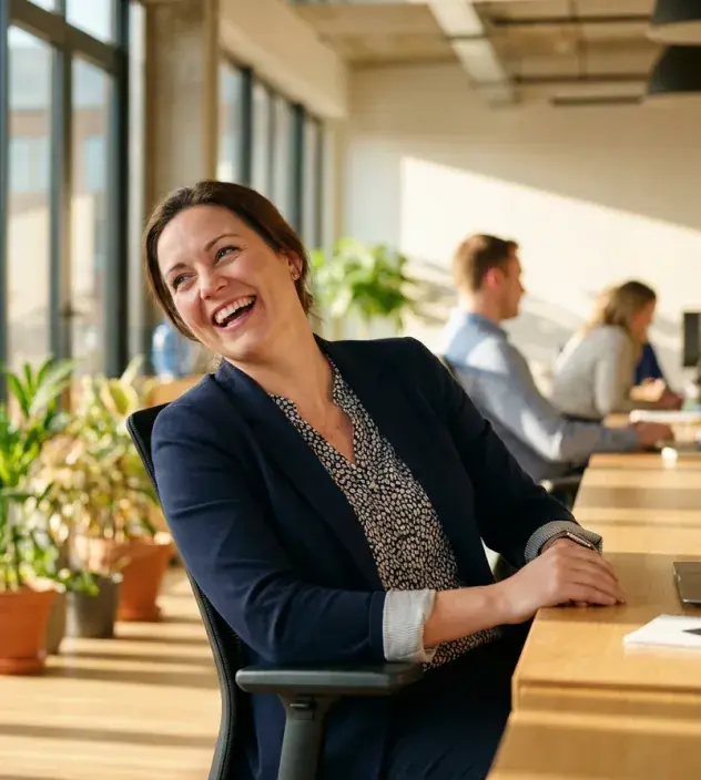 Nivara team member smiling while working in a bright office
