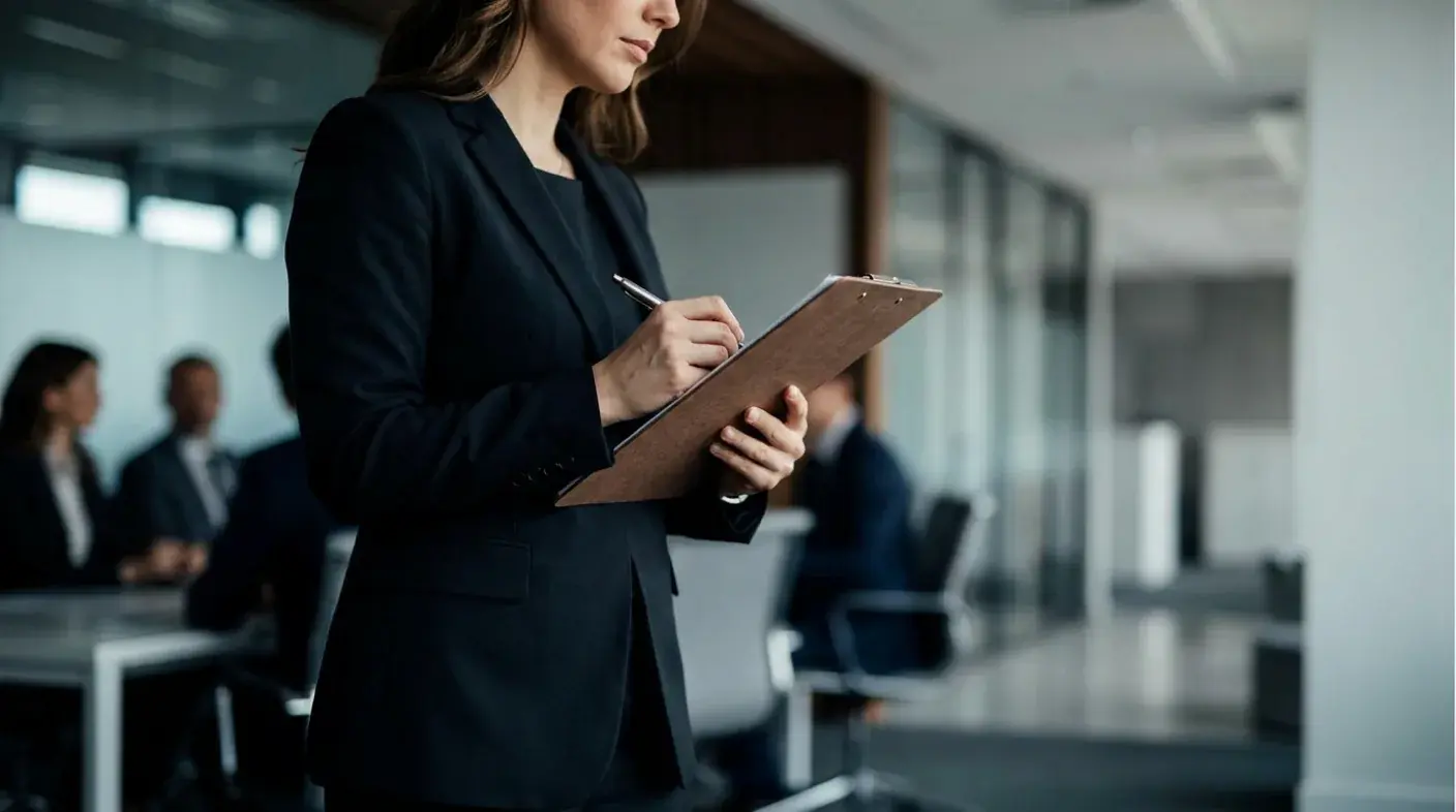 A professional taking notes on a clipboard in an office