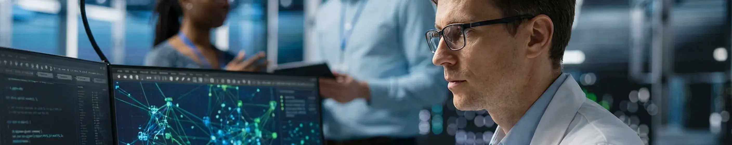 IT specialists working at network-graph workstations in a data center